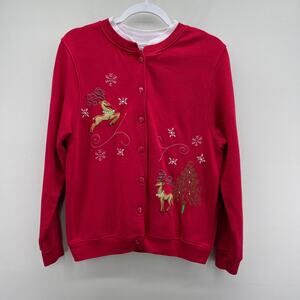 Vintage Hartfield Design Red Reindeer Snowflake Button Down Christmas Sweatshirt